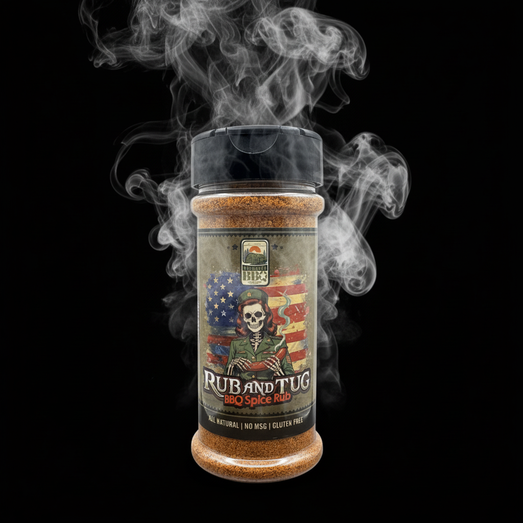 Barracks BBQ Rub and Tug seasoning rub, shaker bottle, front label