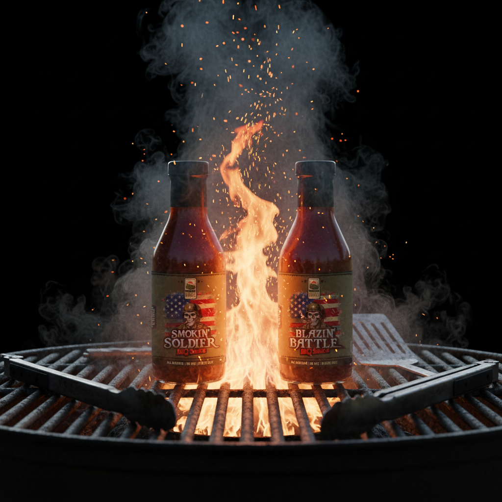 Two bottles of hot sauce on a grill with flames and smoke.