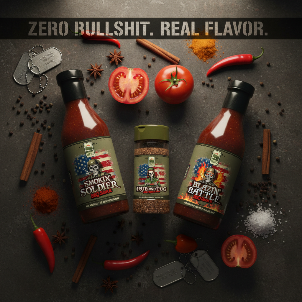 Two bottles of 'Blazin' Battle' hot sauce and a jar of seasoning on a dark surface with spices and tomatoes.